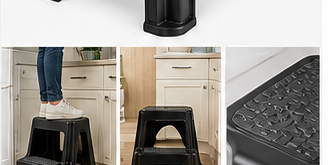 Two step household stool used in a kitchen to reach upper cupboards