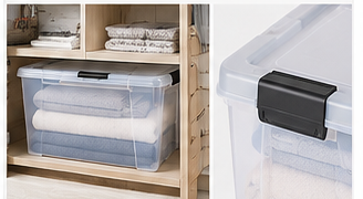 Clear sealed storage box used for towels and linen organisation