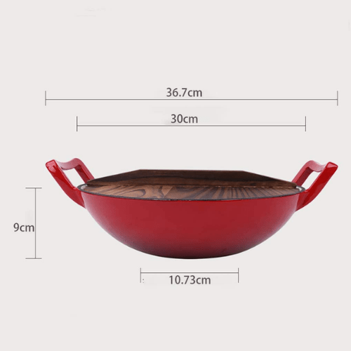 Enameled Cast Iron Wok Pan - 30CM Red -HM- BA179 - Red Rhino