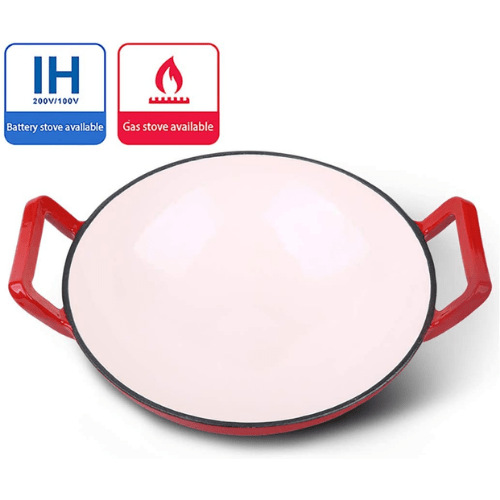 Enameled Cast Iron Wok Pan - 30CM Red -HM- BA179 - Red Rhino