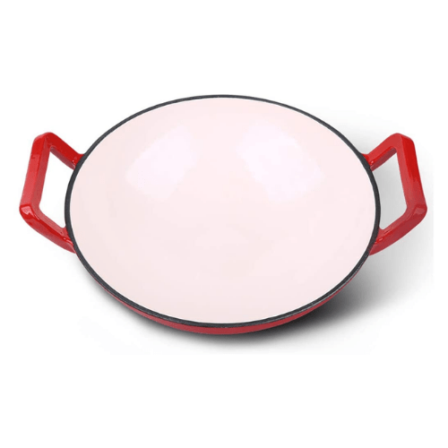 Enameled Cast Iron Wok Pan - 30CM Red -HM- BA179 - Red Rhino