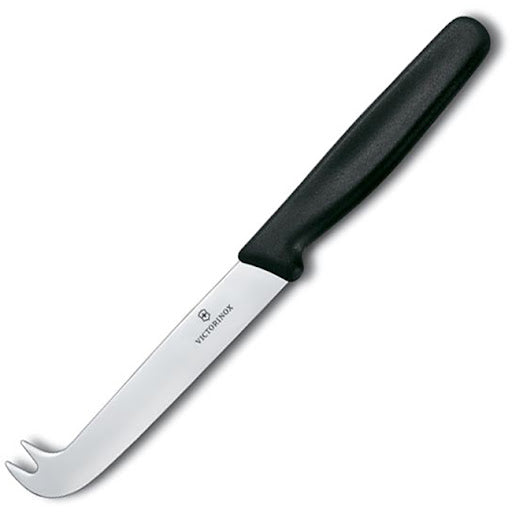Victorinox fork-tip cheese knife alternate angle with stainless blade and black handle