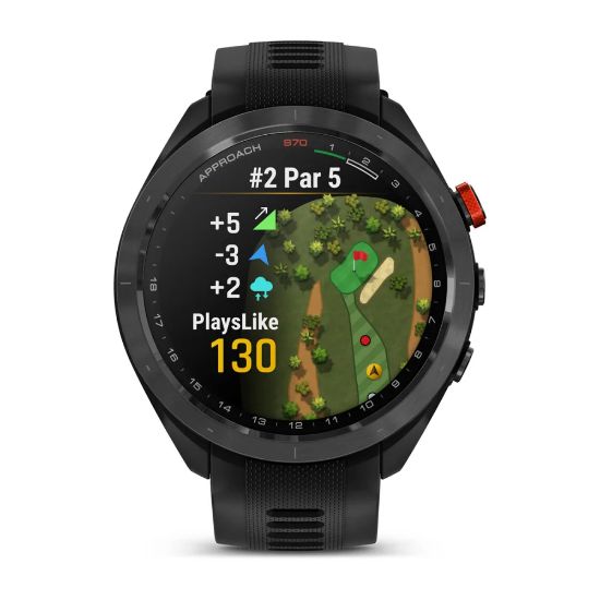 Garmin Approach S70, front display showing golf distances and hole information