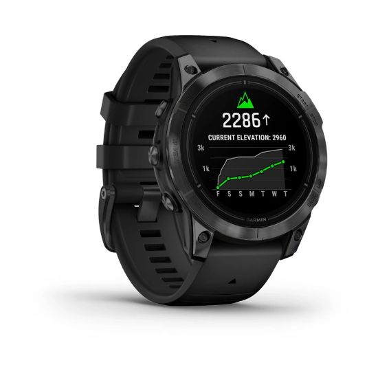 Garmin epix Pro (Gen 2), angled view with black band and elevation display