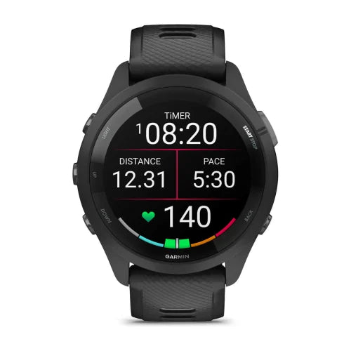 Garmin Forerunner 265, front display showing running pace, distance and heart rate