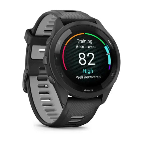 Garmin Forerunner 265, angled view showing training readiness and grey strap accents
