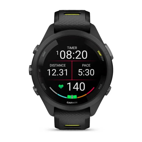 Garmin Forerunner 265S, front display showing running pace, distance and heart rate
