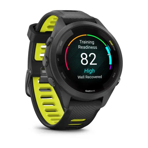 Garmin Forerunner 265S, angled view showing training readiness and yellow strap accents