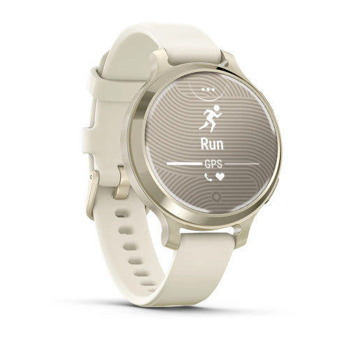Garmin Lily 2 Active, angled view with Bone band and running display