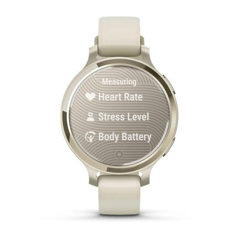 Garmin Lily 2 Active, front view with Lunar Gold bezel and wellness menu