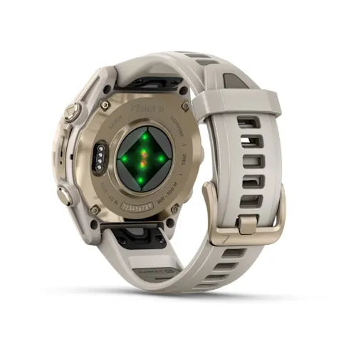 Garmin fēnix 8, rear angled view showing sensor and Fog Grey strap