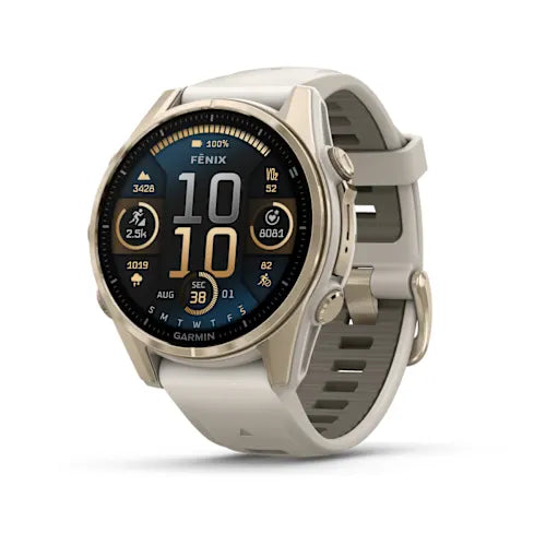 Garmin fēnix 8 43 mm - Sapphire, Soft Gold with Fog Grey/Dark Sandstone band, watch face and strap