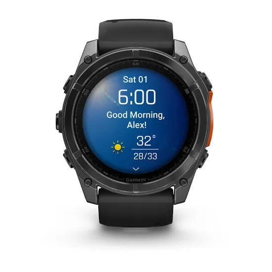 Garmin fēnix 8, 51 mm front view showing time and morning information