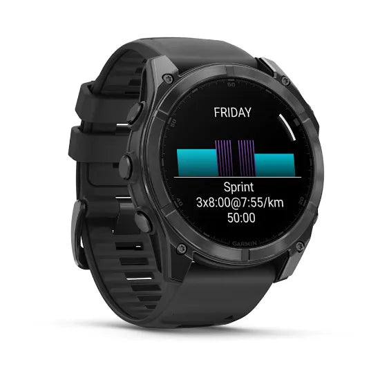 Garmin fēnix 8, 51 mm angled view showing a suggested workout