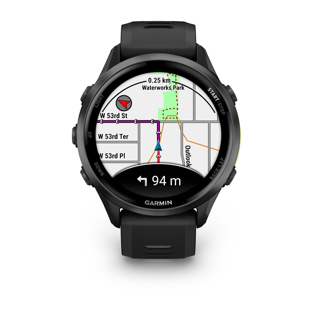 Garmin Forerunner 970, front display showing a route map and distance guidance