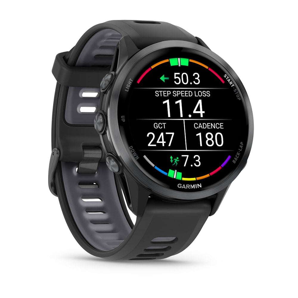 Garmin Forerunner 970, angled view showing running performance information