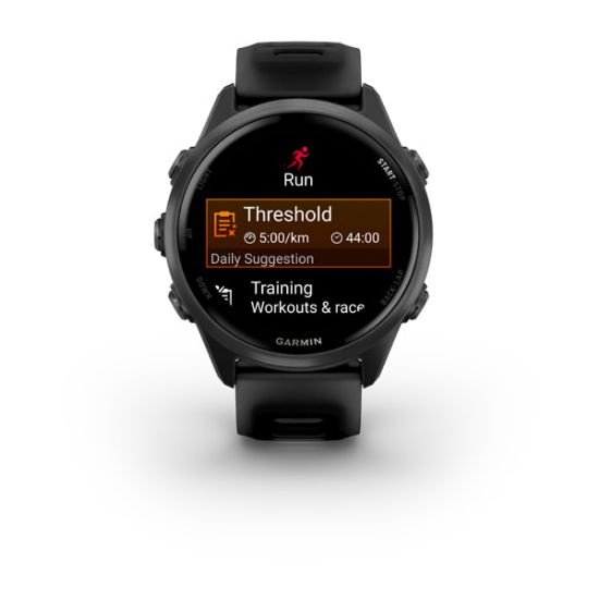 Garmin Forerunner 570, front view with black strap and a workout display