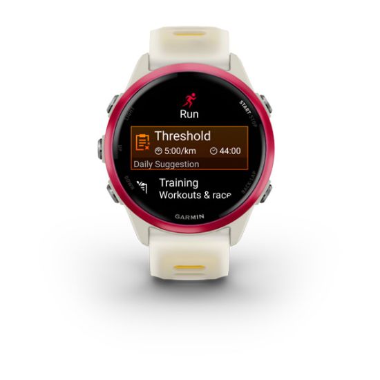 Garmin Forerunner 570, front view with Raspberry bezel and a workout display