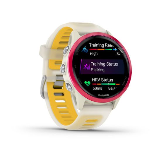 Garmin Forerunner 570, angled view with training information and pale strap with yellow accents