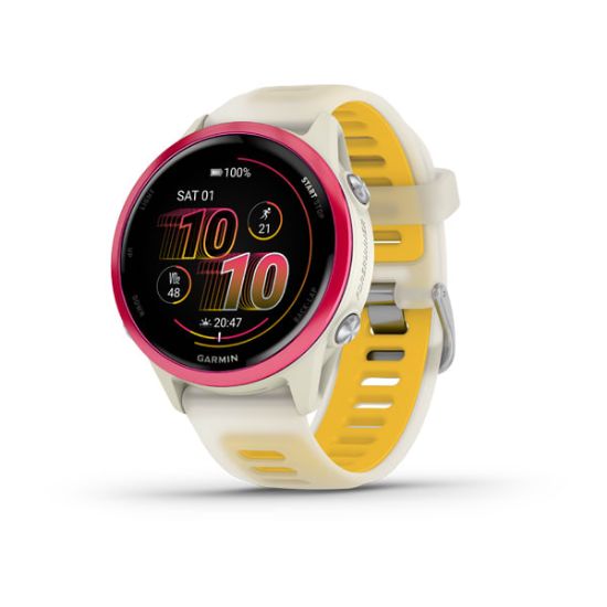 Garmin Forerunner 570 42 mm - Raspberry Aluminium with Translucent Bone/Mango band, watch face and strap