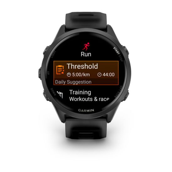 Garmin Forerunner 570, 47 mm front view with black strap and workout display