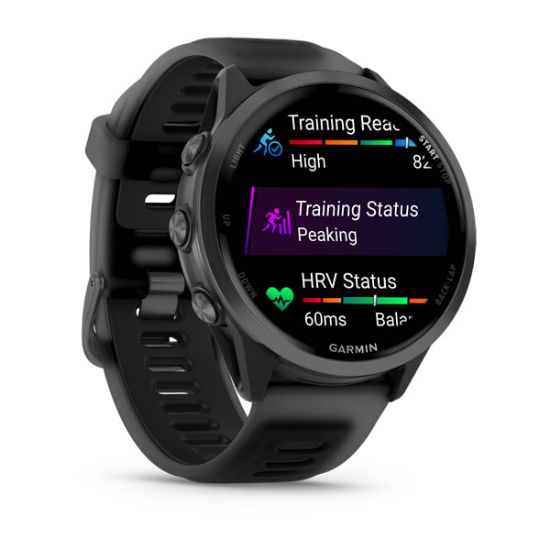 Garmin Forerunner 570, 47 mm angled view showing training status and recovery information