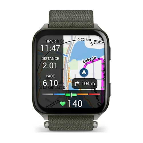 Garmin Venu X1, front display showing a route map and activity data