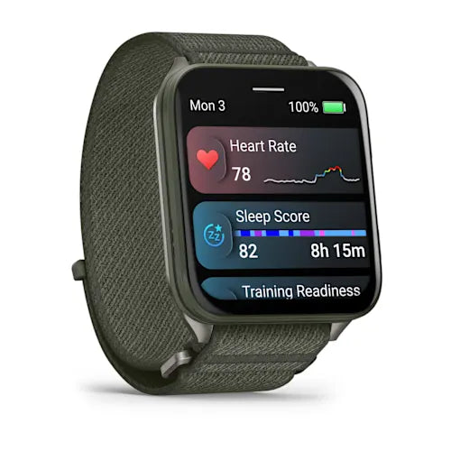 Garmin Venu X1, angled view showing health and training information with Moss nylon band