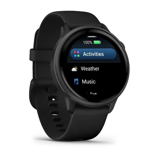 Garmin vívoactive 6, angled view with black band and activities menu