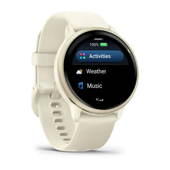 Garmin vívoactive 6, angled view with Bone band and activities menu