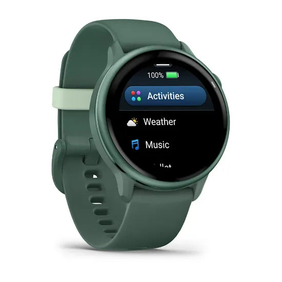 Garmin vívoactive 6, angled view with Jasper Green band and activities menu
