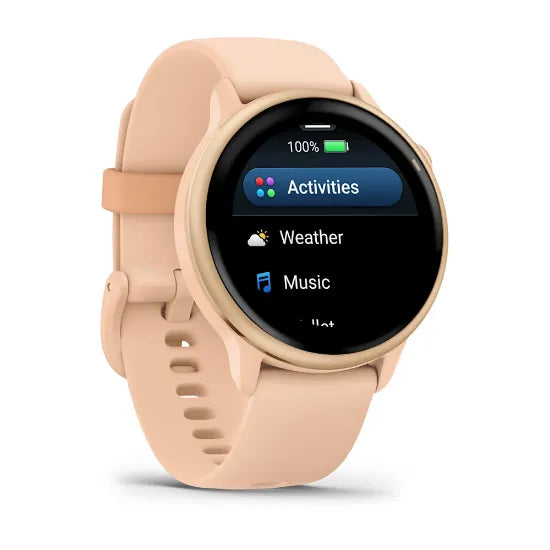 Garmin vívoactive 6, angled view with Pink Dawn band and activities menu