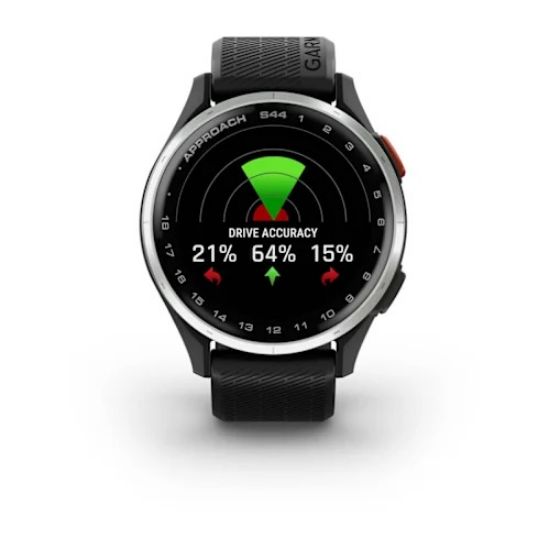 Garmin Approach S44, front display showing golf drive accuracy