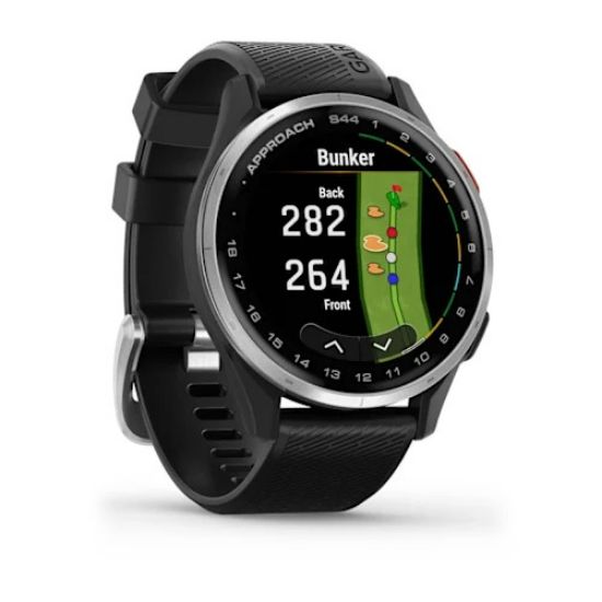 Garmin Approach S44, angled view showing bunker distances and hole map
