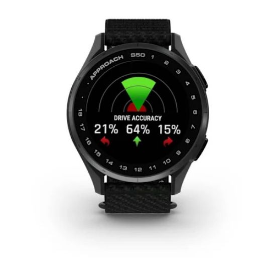 Garmin Approach S50, front display showing golf drive accuracy