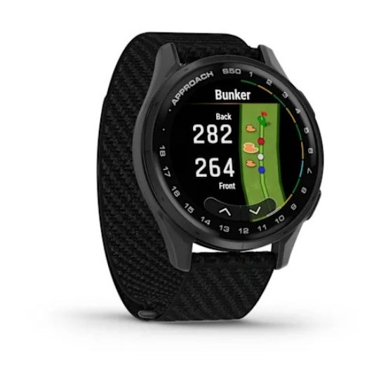 Garmin Approach S50, angled view with black nylon band and hole map