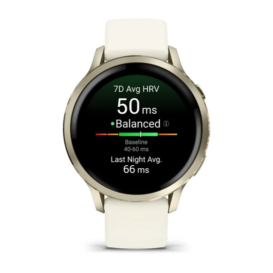 Garmin Venu 4, 41 mm front view showing heart-rate variability information