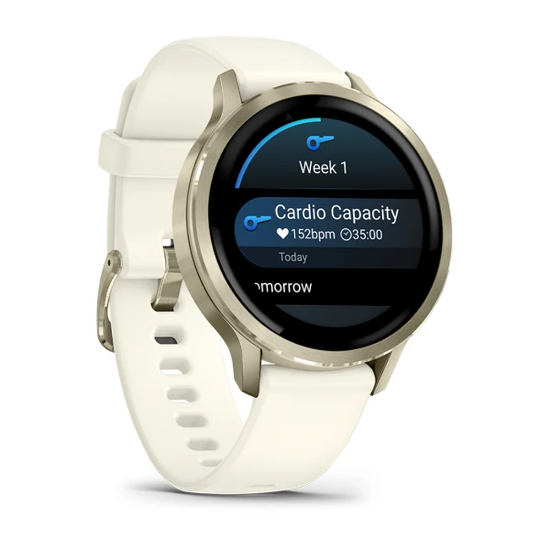 Garmin Venu 4, 41 mm angled view with Bone band and fitness trend display