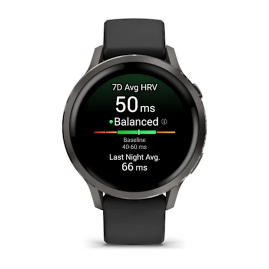 Garmin Venu 4, 41 mm front view showing heart-rate variability information