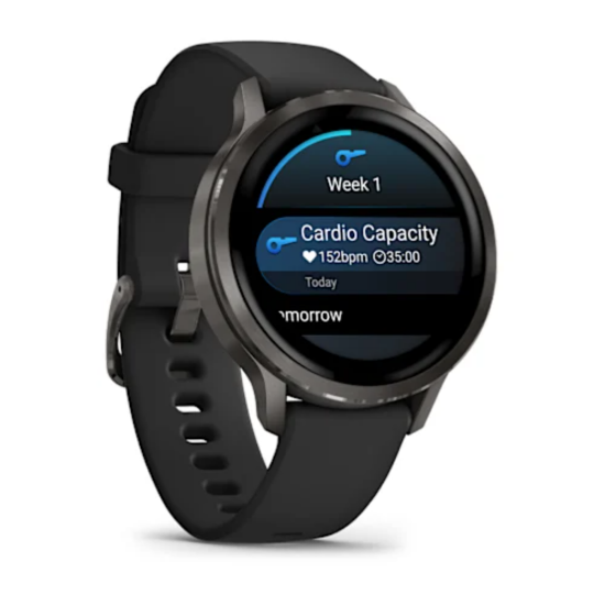 Garmin Venu 4, 41 mm angled view with black band and fitness trend display