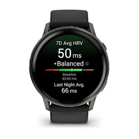 Garmin Venu 4, 45 mm front view showing heart-rate variability information