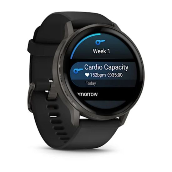Garmin Venu 4, 45 mm angled view with black band and fitness trend display