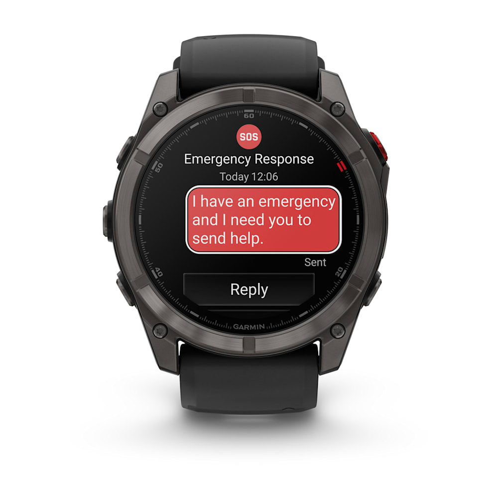 Garmin fēnix 8 Pro, front view showing an emergency response message illustration