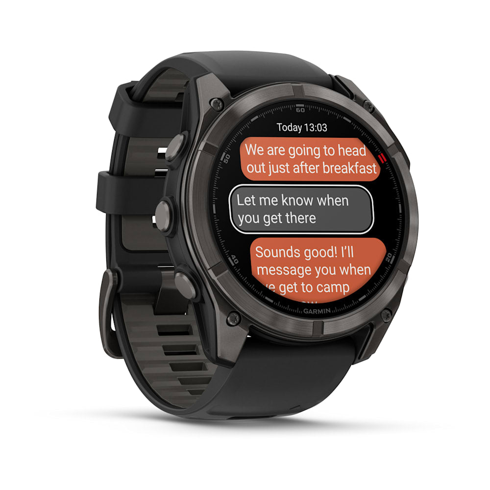 Garmin fēnix 8 Pro, angled view showing a text message conversation
