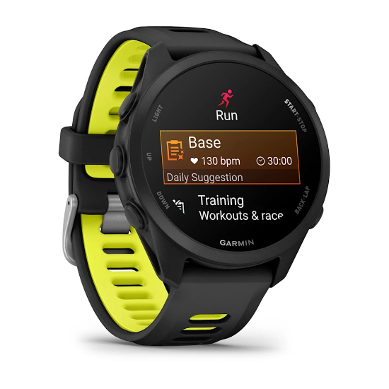 Garmin Forerunner 170 Music, angled view showing workout information and yellow strap accents