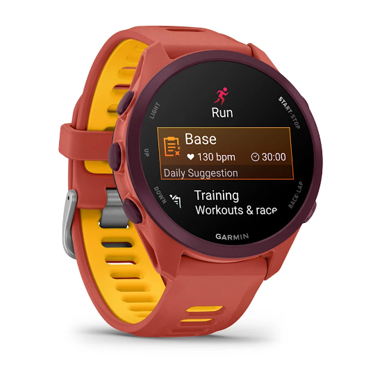 Garmin Forerunner 170 Music, angled view showing workout information and Mango strap accents