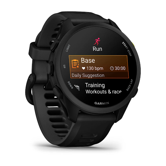 Garmin Forerunner 70, angled view showing workout information and black strap