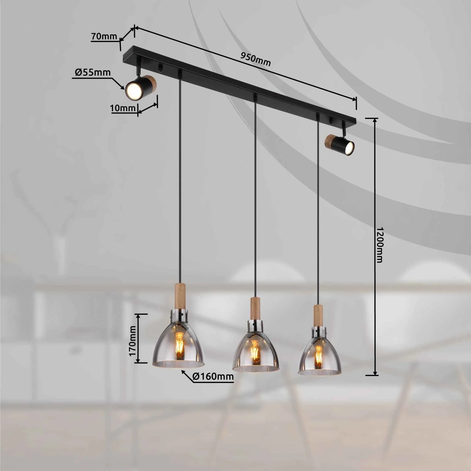 GLOBO MATTEA Pendant Light Black Smoked Glass 3xE27 + 2xGU10 15550-3H | Buy in Kenya | Red Rhino