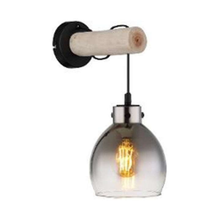 GLOBO Wall Light Black Natural Wood Smoked Glass E27 15628W - square hero product image