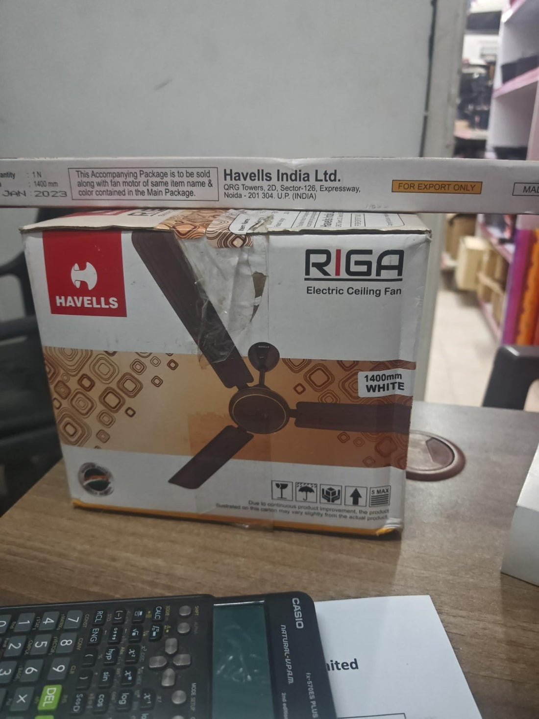 Havells Riga 1400mm white ceiling fan packaging